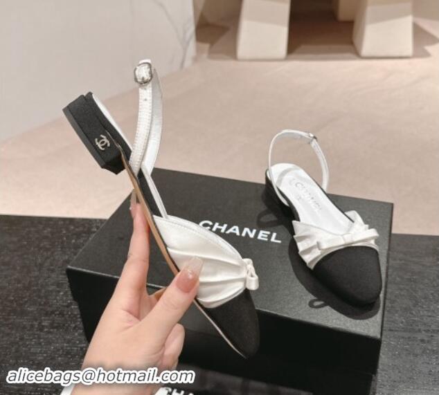 Big Discount Chanel Silk Satin & Grosgrain Slingback Flat Shoes with Bow White 909040