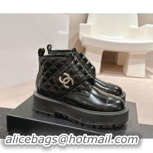 Pretty Style Chanel Quilted Patent Calfskin Leather Lace-up Platform Ankle Boots Black 0909041