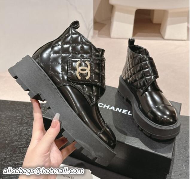 Pretty Style Chanel Quilted Patent Calfskin Leather Lace-up Platform Ankle Boots Black 0909041