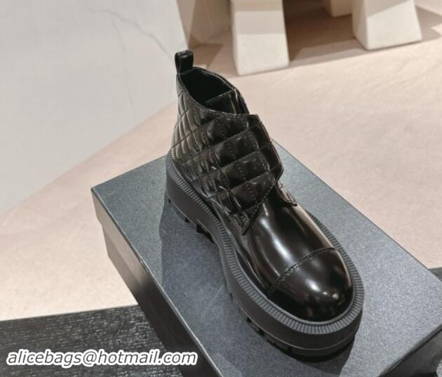 Pretty Style Chanel Quilted Patent Calfskin Leather Lace-up Platform Ankle Boots Black 0909041