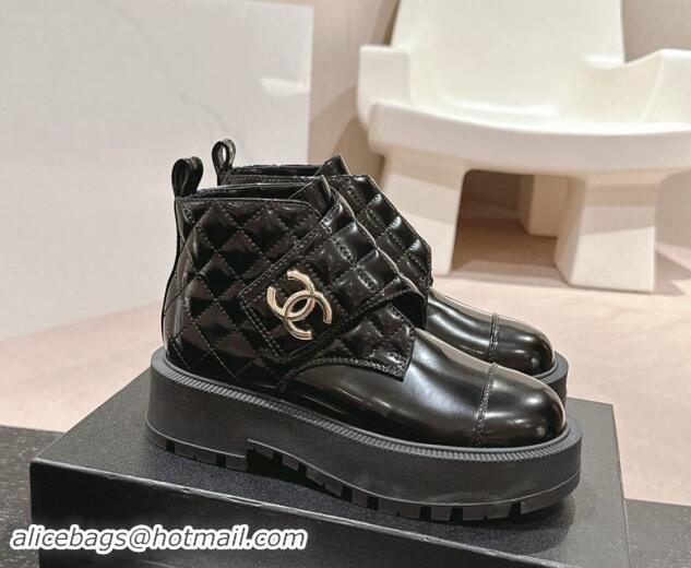 Pretty Style Chanel Quilted Patent Calfskin Leather Lace-up Platform Ankle Boots Black 0909041