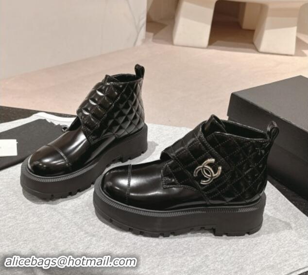 Pretty Style Chanel Quilted Patent Calfskin Leather Lace-up Platform Ankle Boots Black 0909041