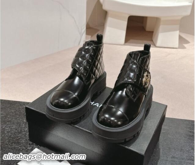 Pretty Style Chanel Quilted Patent Calfskin Leather Lace-up Platform Ankle Boots Black 0909041