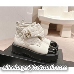 Best Product Chanel Quilted Calfskin & Patent Lace-up Platform Ankle Boots White 909042