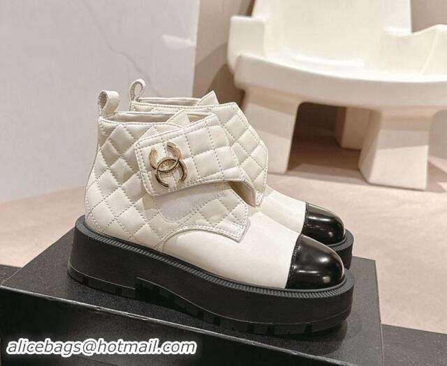 Best Product Chanel Quilted Calfskin & Patent Lace-up Platform Ankle Boots White 909042