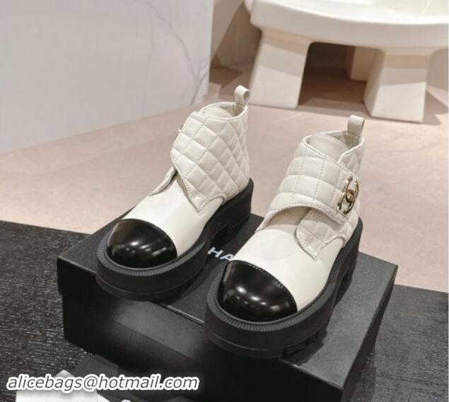 Best Product Chanel Quilted Calfskin & Patent Lace-up Platform Ankle Boots White 909042