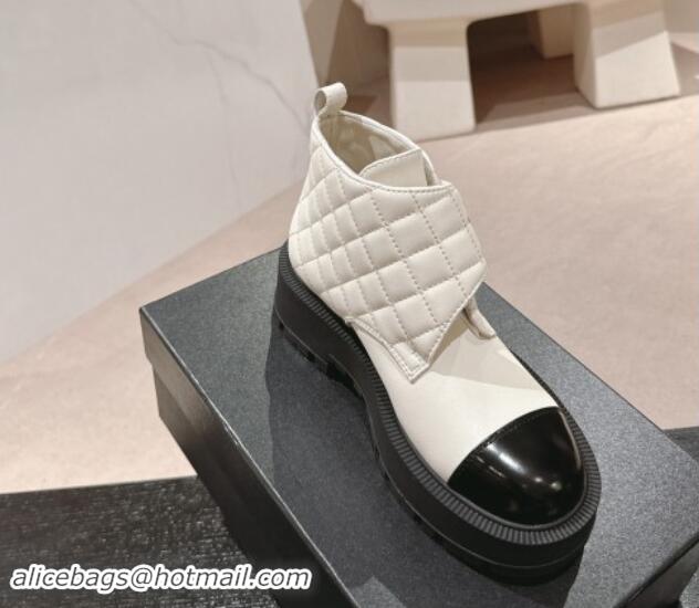 Best Product Chanel Quilted Calfskin & Patent Lace-up Platform Ankle Boots White 909042