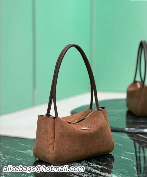 Big Discount Prada Medium suede shoulder bag 1BA444 Cocoa Brown 2024