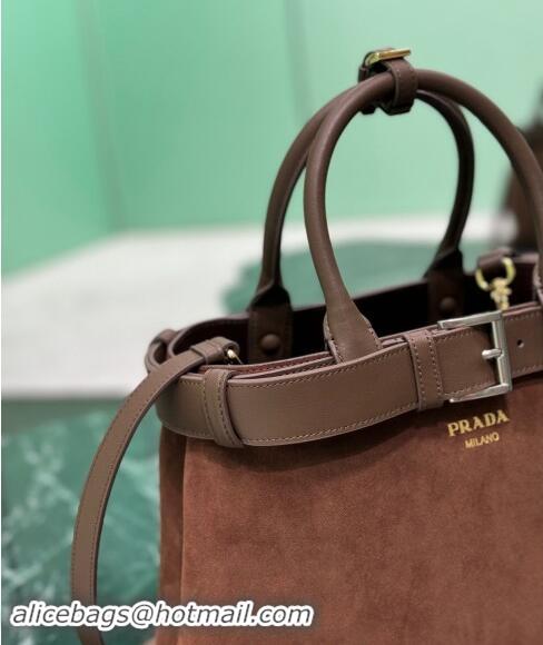 Pretty Style Prada Buckle medium suede handbag with belt 1BA434 Cocoa Brown 2024