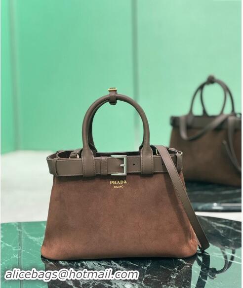 Pretty Style Prada Buckle medium suede handbag with belt 1BA434 Cocoa Brown 2024