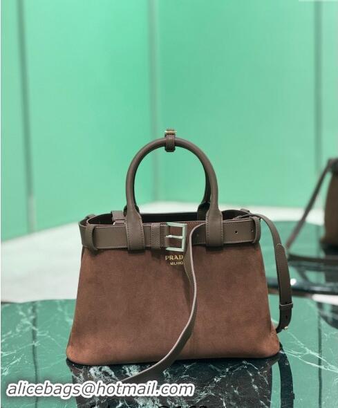 Pretty Style Prada Buckle medium suede handbag with belt 1BA434 Cocoa Brown 2024