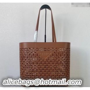 Top Grade Prada Large perforated leather tote bag 1BG503 Brown 2024