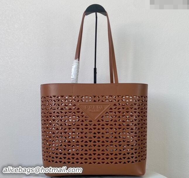 Top Grade Prada Large perforated leather tote bag 1BG503 Brown 2024