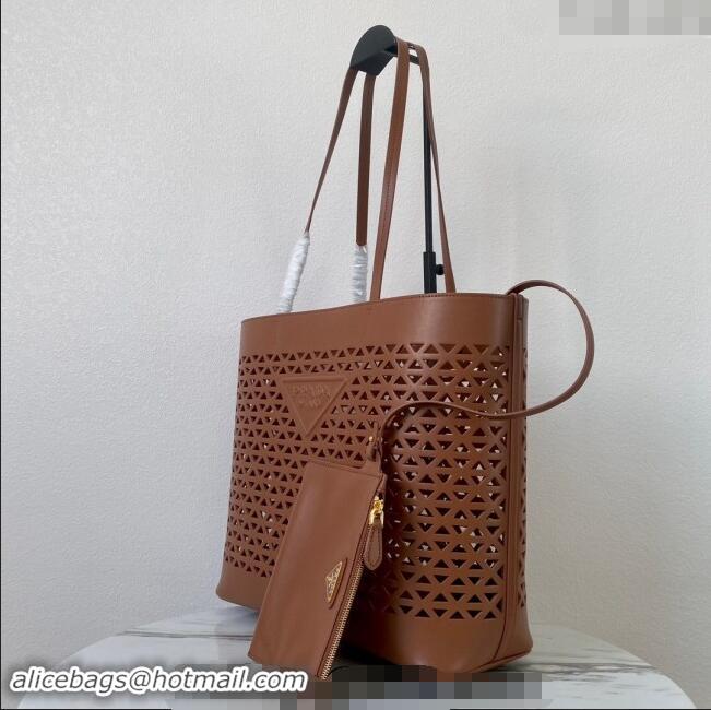 Top Grade Prada Large perforated leather tote bag 1BG503 Brown 2024