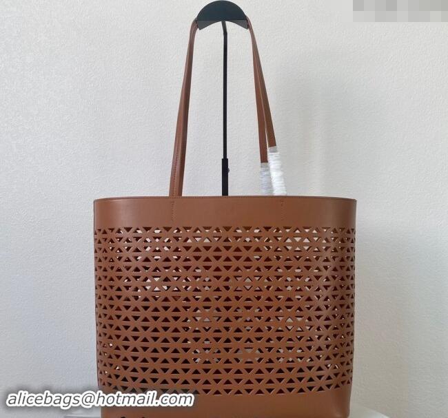 Top Grade Prada Large perforated leather tote bag 1BG503 Brown 2024