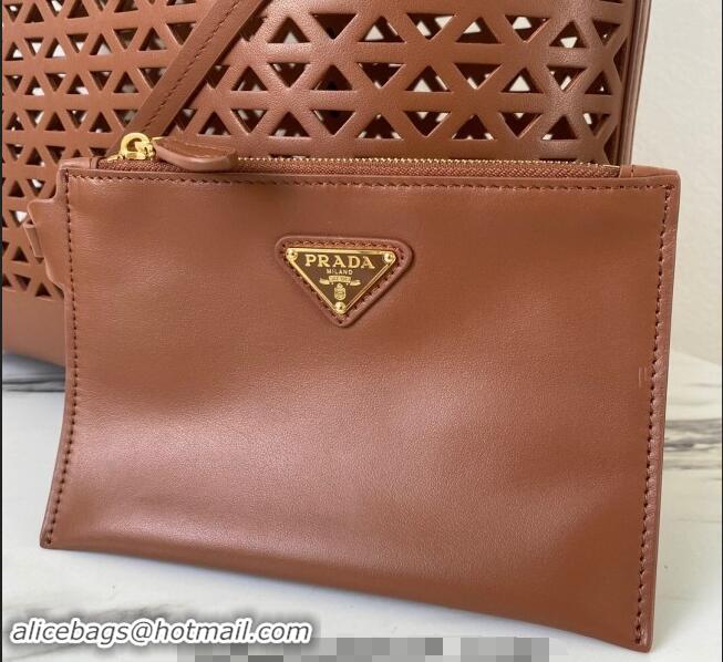 Top Grade Prada Large perforated leather tote bag 1BG503 Brown 2024