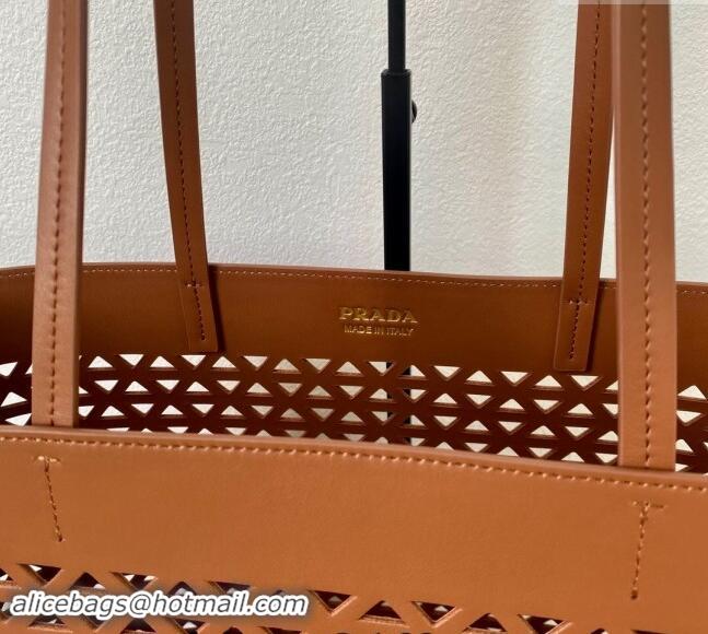 Top Grade Prada Large perforated leather tote bag 1BG503 Brown 2024