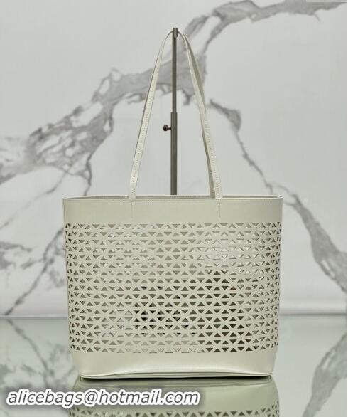 Shop Grade Prada Large perforated leather tote bag 1BG503 White 2024