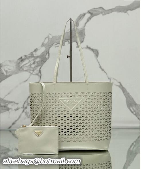 Shop Grade Prada Large perforated leather tote bag 1BG503 White 2024