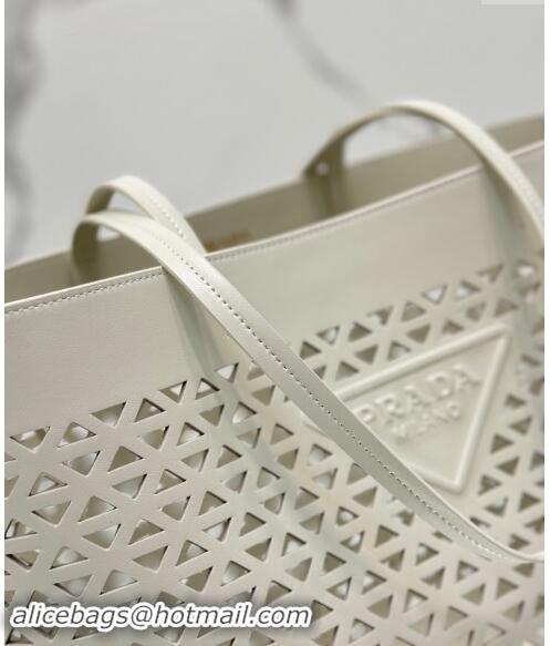 Shop Grade Prada Large perforated leather tote bag 1BG503 White 2024