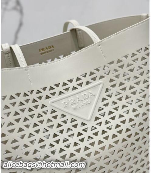 Shop Grade Prada Large perforated leather tote bag 1BG503 White 2024