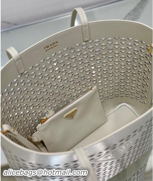 Shop Grade Prada Large perforated leather tote bag 1BG503 White 2024