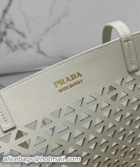 Shop Grade Prada Large perforated leather tote bag 1BG503 White 2024