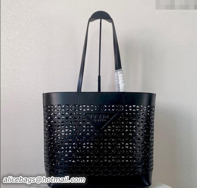 Low Cost Prada Large perforated leather tote bag 1BG503 Black 2024