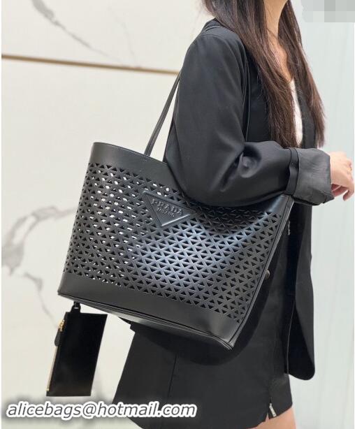 Low Cost Prada Large perforated leather tote bag 1BG503 Black 2024