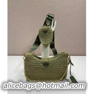 Luxury Cheap Prada Re-Edition 2005 Raffia-effect crochet bag 1BH204 Olive Green 2024