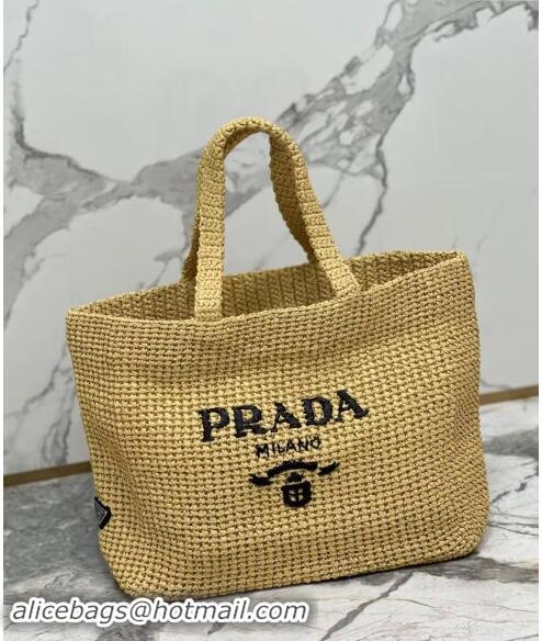 New Fashion Prada Large Crochet Raffia-effect Tote Bag 1BG392 Khaki 2024