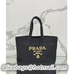 Luxury Discount Prada Large Crochet Raffia-effect Tote Bag 1BG392 Black 2024