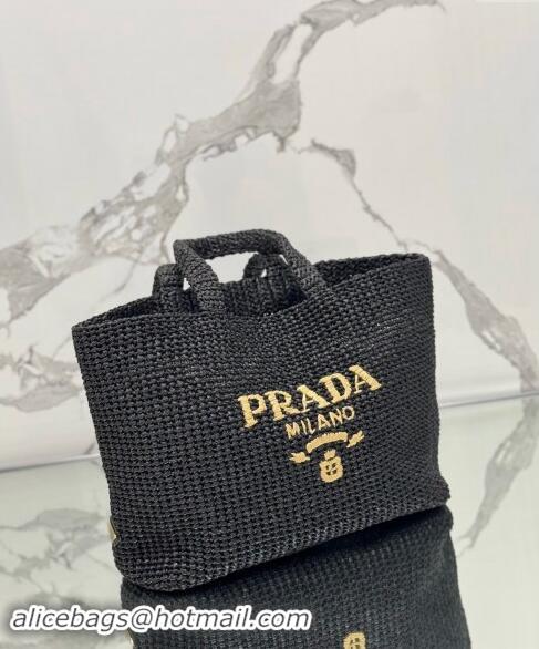 Luxury Discount Prada Large Crochet Raffia-effect Tote Bag 1BG392 Black 2024