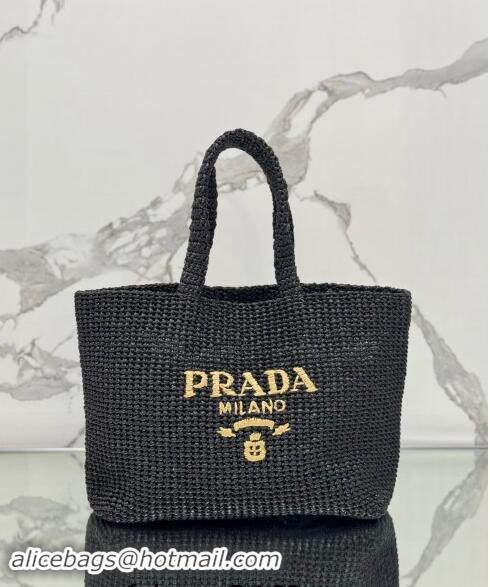 Luxury Discount Prada Large Crochet Raffia-effect Tote Bag 1BG392 Black 2024