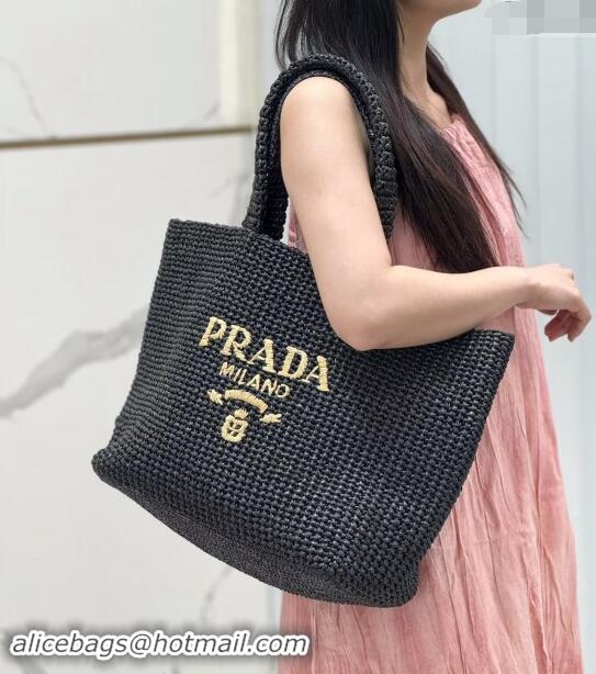 Luxury Discount Prada Large Crochet Raffia-effect Tote Bag 1BG392 Black 2024