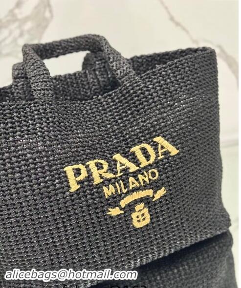 Luxury Discount Prada Large Crochet Raffia-effect Tote Bag 1BG392 Black 2024