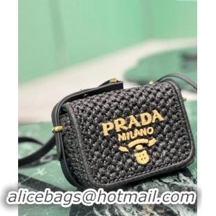 Buy New Cheap Prada Crochet and leather shoulder bag 1BD362 Black 2024