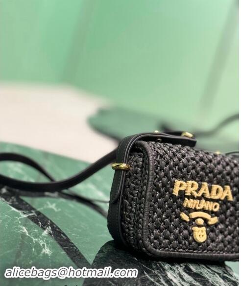 Buy New Cheap Prada Crochet and leather shoulder bag 1BD362 Black 2024