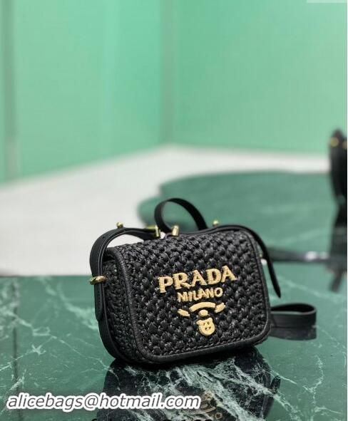 Buy New Cheap Prada Crochet and leather shoulder bag 1BD362 Black 2024