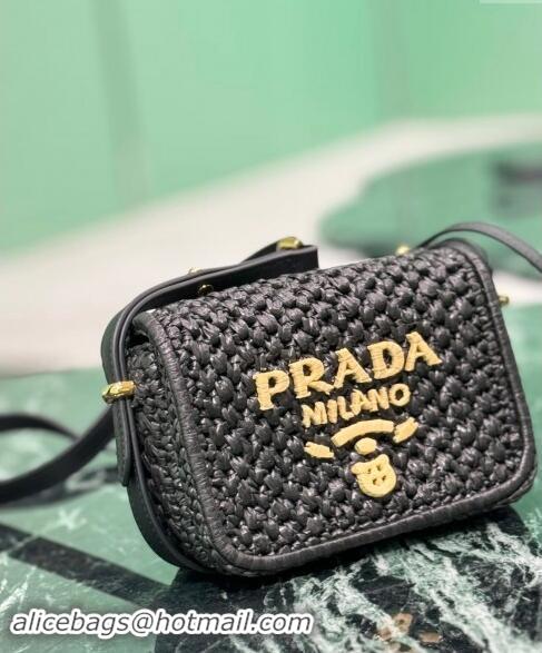 Buy New Cheap Prada Crochet and leather shoulder bag 1BD362 Black 2024