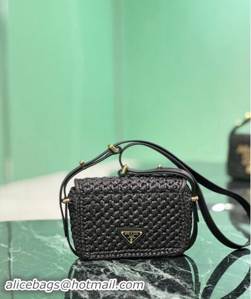 Buy New Cheap Prada Crochet and leather shoulder bag 1BD362 Black 2024