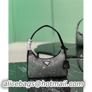 Luxury Cheap Prada Re-Edition 2000 Strass Mini Hobo Bag 1NE515 Black 2024