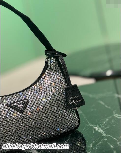 Luxury Cheap Prada Re-Edition 2000 Strass Mini Hobo Bag 1NE515 Black 2024