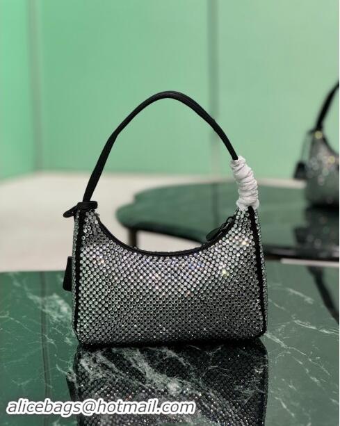 Luxury Cheap Prada Re-Edition 2000 Strass Mini Hobo Bag 1NE515 Black 2024