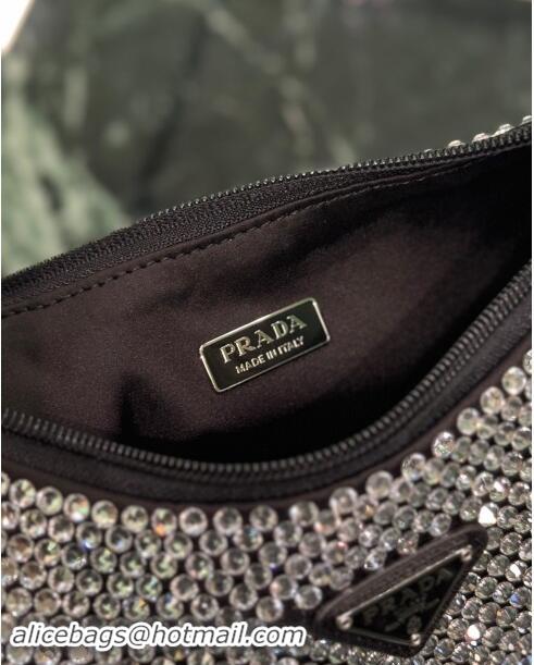 Luxury Cheap Prada Re-Edition 2000 Strass Mini Hobo Bag 1NE515 Black 2024