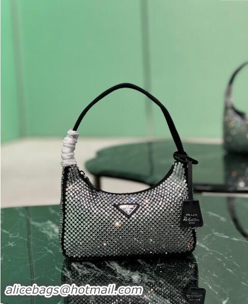 Luxury Cheap Prada Re-Edition 2000 Strass Mini Hobo Bag 1NE515 Black 2024