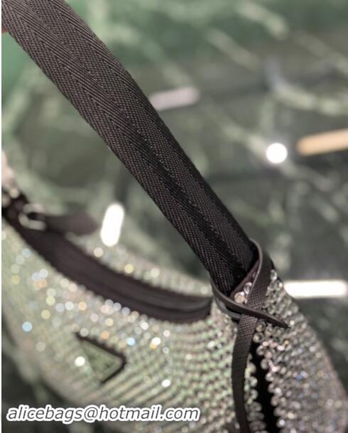 Luxury Cheap Prada Re-Edition 2000 Strass Mini Hobo Bag 1NE515 Black 2024