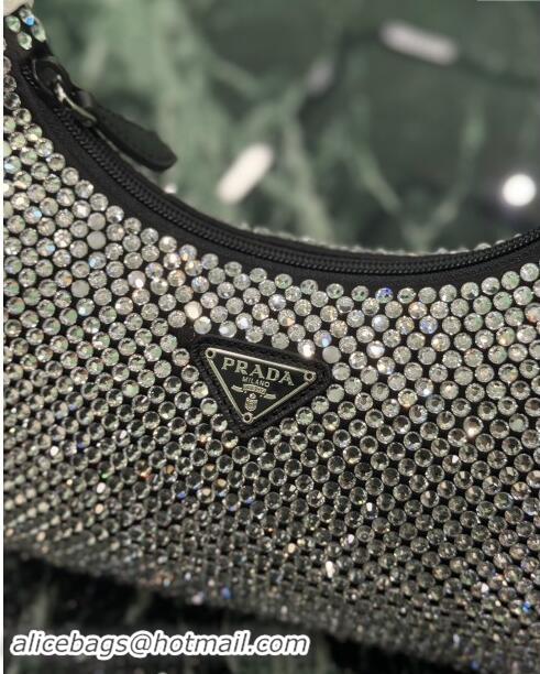 Luxury Cheap Prada Re-Edition 2000 Strass Mini Hobo Bag 1NE515 Black 2024