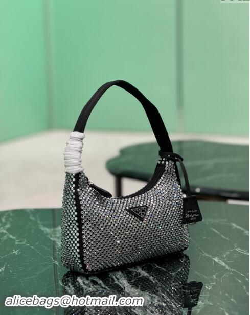 Luxury Cheap Prada Re-Edition 2000 Strass Mini Hobo Bag 1NE515 Black 2024