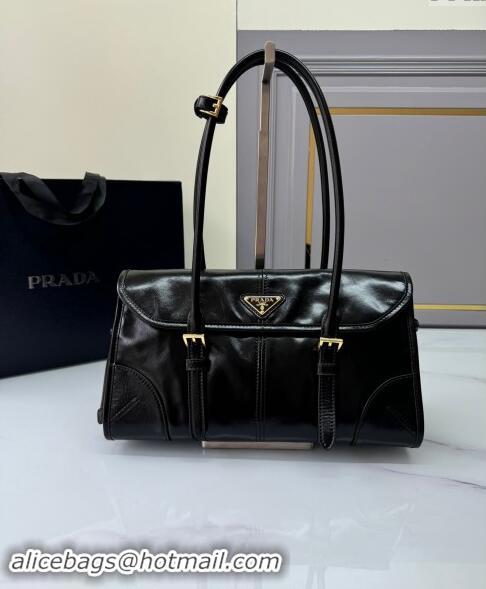 Top Design Prada Medium shiny leather shoulder bag 1BD376 black 2024